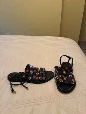 Tory Burch Black Floral Studded Gladiator Sandals